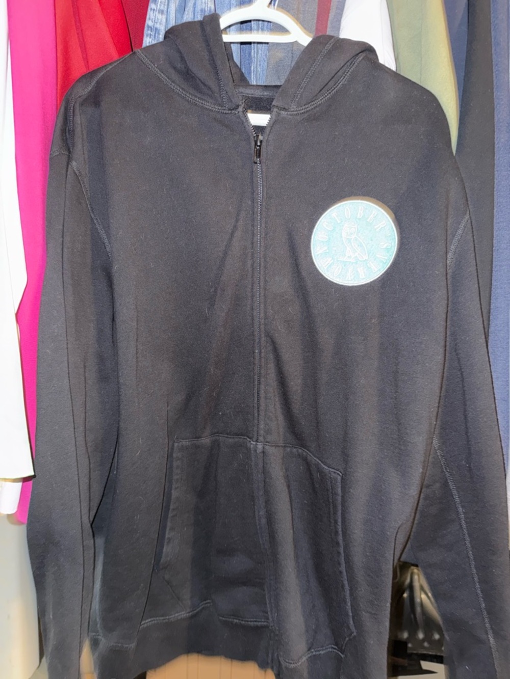Octobers Very Own Black Zip-Up Hoodie with Teal Logo Patch OVO